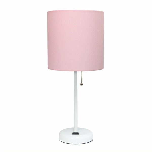 Creekwood Home Oslo 19.5in Contemporary Power Outlet Base Metal Table Lamp, White, Light Pink Drum Fabric Shade CWT-2008-PO